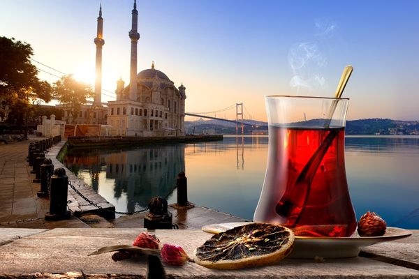 a glass of tea with a straw and a slice of orange next to a body of water